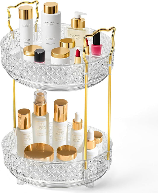 360 Rotating Makeup Organizer for Vanity, 2Tier Adjustable Perfume Organizer for Dresser, Multi-Function Spinning Cosmetics Skincare Storage for Bedroom, Dresser, Countertop, Clear