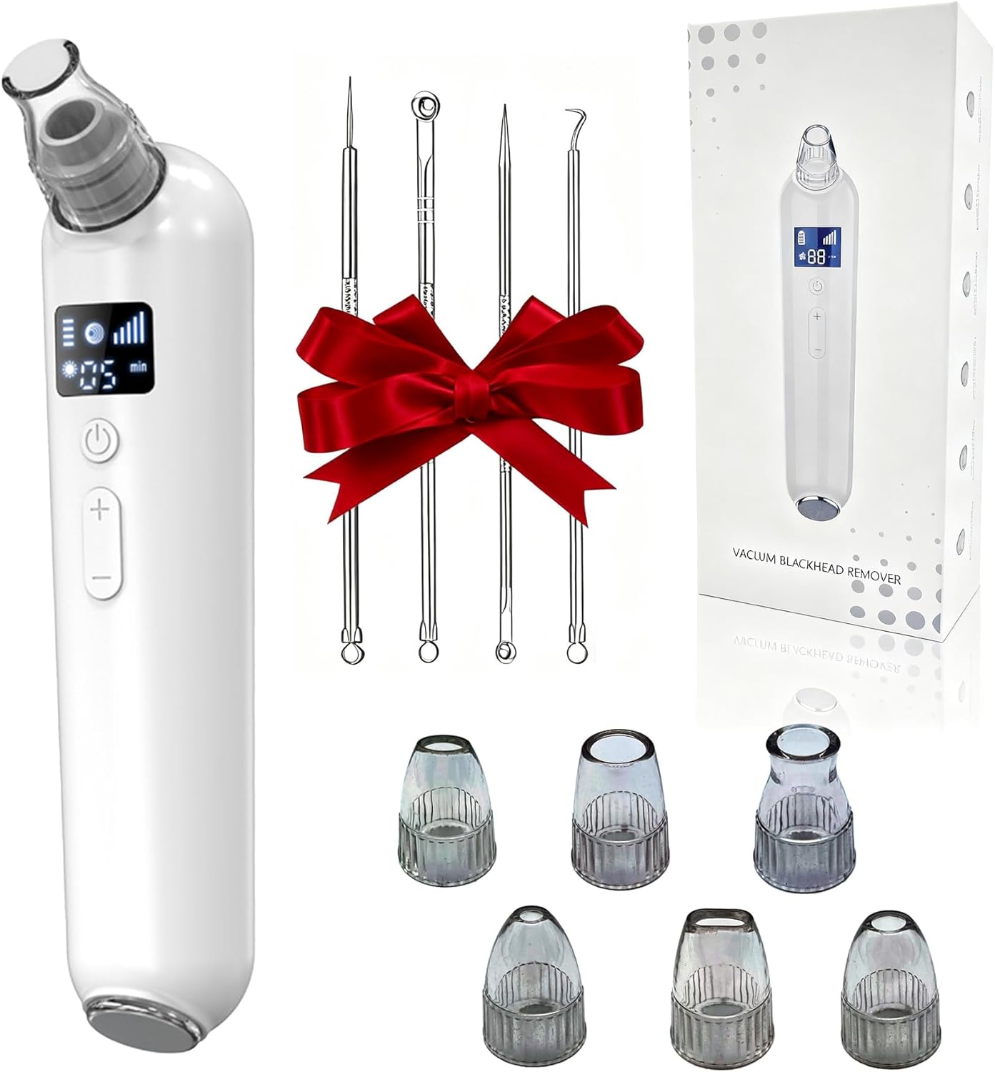 Vacuum Blackhead Remover Pore Cleaner with Heat & Red Light 5 Suction Levels Nose Pore Cleaner Rechargeable with LED Display, 6 Probes & Bonus Blemish Extractor Tools, Skincare Gift for Women