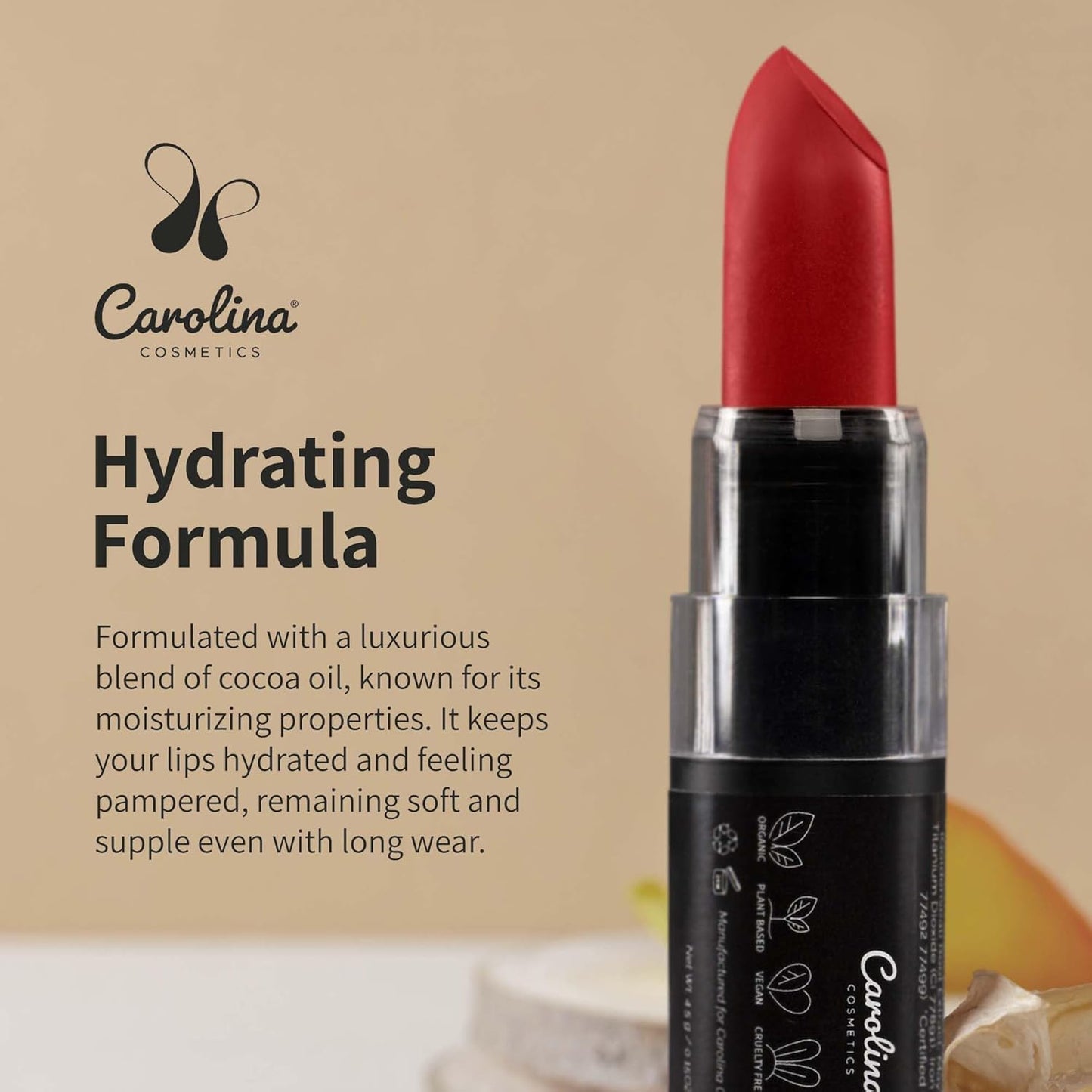 Carolina COSMETICS - Plant-Based Moisturizing Lipstick - The Power of Red Shade 0.15oz- Hydrating with Cocoa Oil, Gluten-Free, Vegan, Non-GMO, Paraben-Free - Lightweight Cream Texture