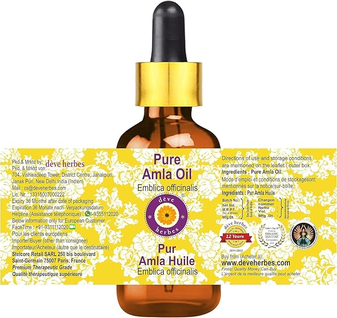 Deve Herbes Pure Amla Oil (Emblica officinalis) with Glass Dropper Natural Therapeutic Grade 10ml (0.33 oz)