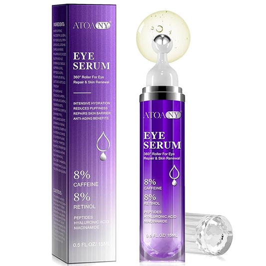 Eye Serum for Dark Circles and Puffiness with 8% Caffeine 8% Retinol Hyaluronic Acid Niacinamide, Under Eye Cream Anti Aging for Puffiness and Bags with 360° Eye Roller Ball for Women
