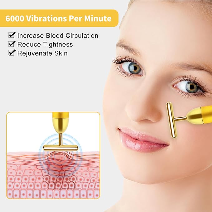 Aubric Face Massager Electric Beauty Bar 24k Golden Facial Massage Tool, T-Shape Electric Vibrating Wand Face Neck Skin Firming Lifting Tighting Wrinkles Reducing Body Treatment Anti Aging Device