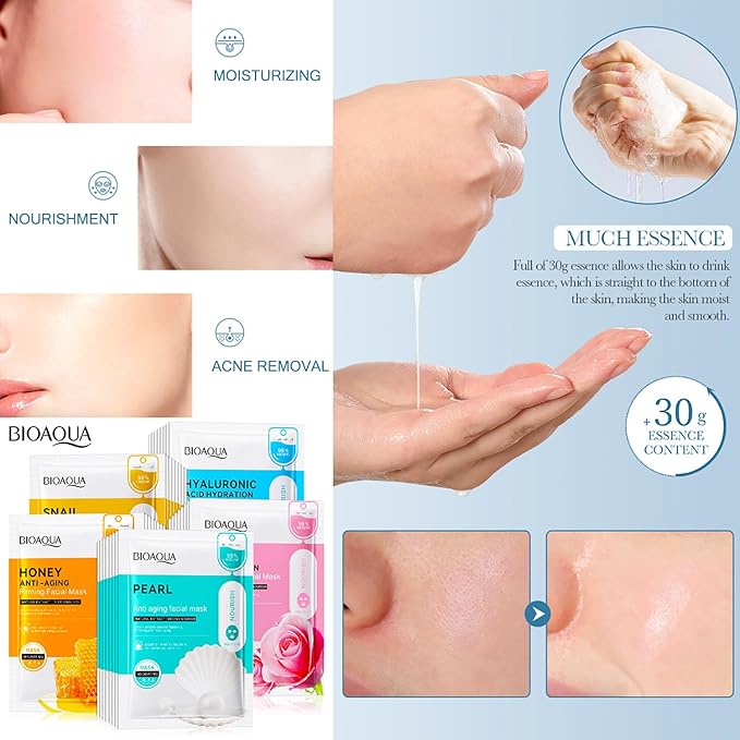 BIOAQUA Facial Mask Firming Deeply Nourish Moisturizing 98% Natural Extract Hydrating Face Mask 5PCS Set (Snail Extract (Anti-Wrinkle))