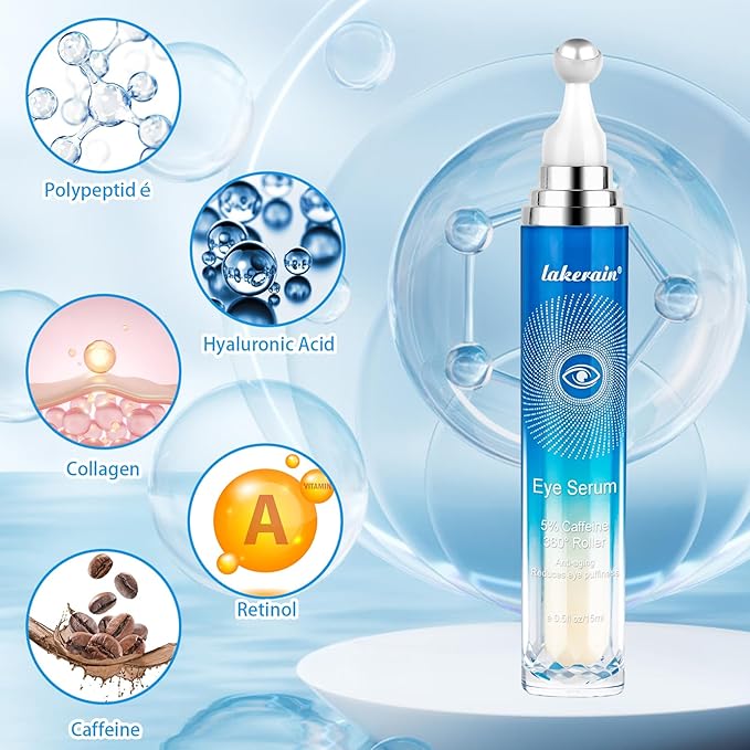 5% Caffeine Eye Serum with 360° Massage Rollerball Topper,Caffeine Cream for Dark Circles,Wrinkles,Puffiness and Fine Lines,Under Eye Roller Cream Treatment for Women and Men