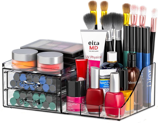 Acrylic Small Makeup Organizer with Drawers,Clear Skincare Organizer for Vanity,Dresser,Bathroom Countertop,Cute Cosmetic Organizer for Lip Gloss,Makeup Brush,Beauty,Skin Care and Cosmetic Storage