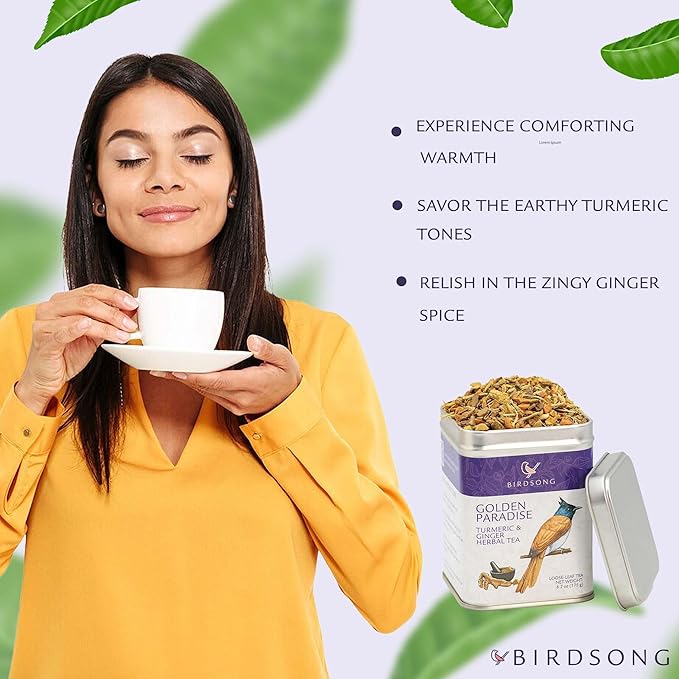 Birdsong Golden Paradise: Organic Turmeric and Ginger Herbal Teas with Lemongrass and Black Pepper, 100% Natural Caffeine Free Tea with Antioxidants Supports Overall Health, 18 Pyramid Tea Bag Sachets