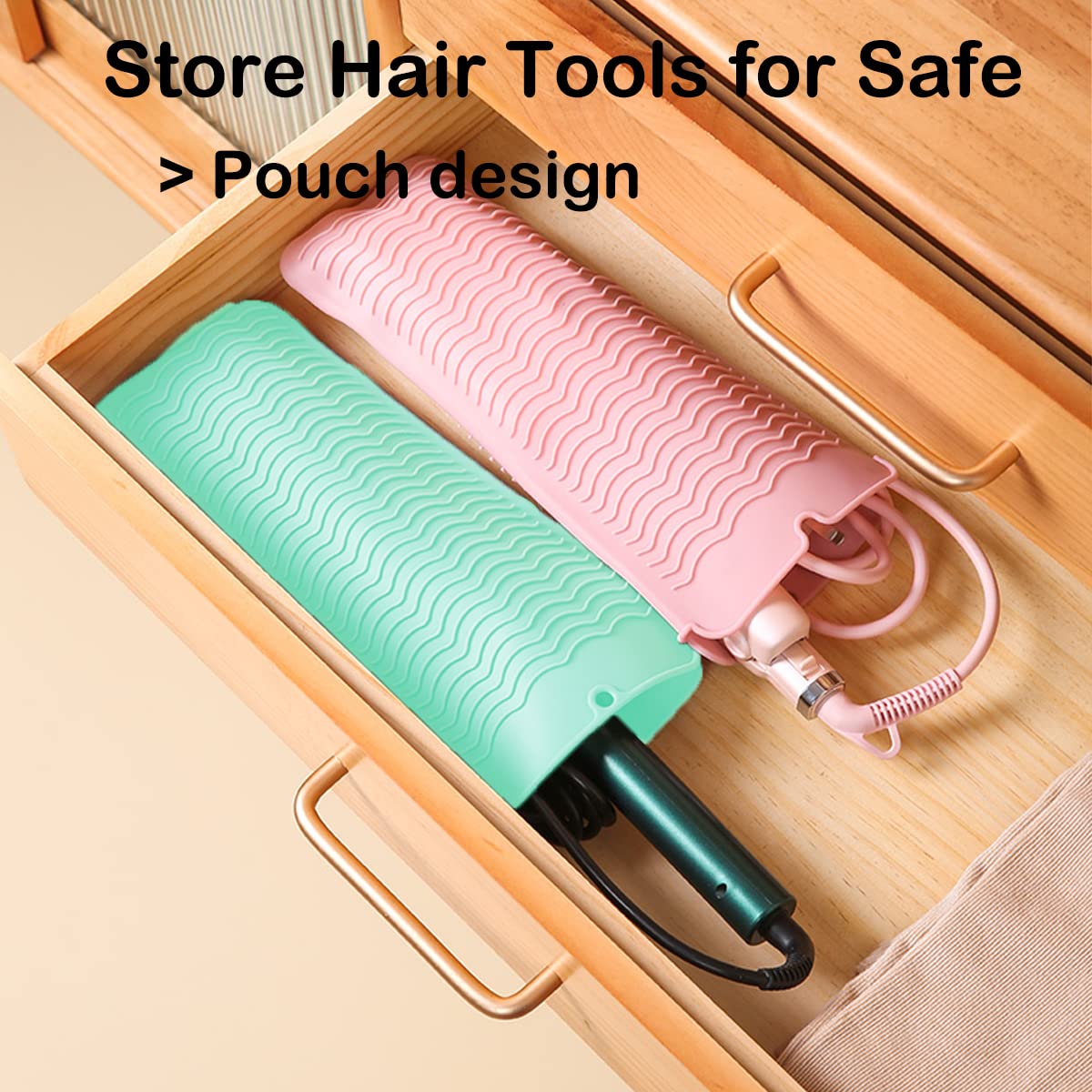 Heat Resistant Silicone Mat with Hanging Hole, Straightener Heat Resistant Travel Mat & Pouch for Curling Iron, Flat Iron and Other Hot Hair Styling Tools, 11 x 5 in, Green