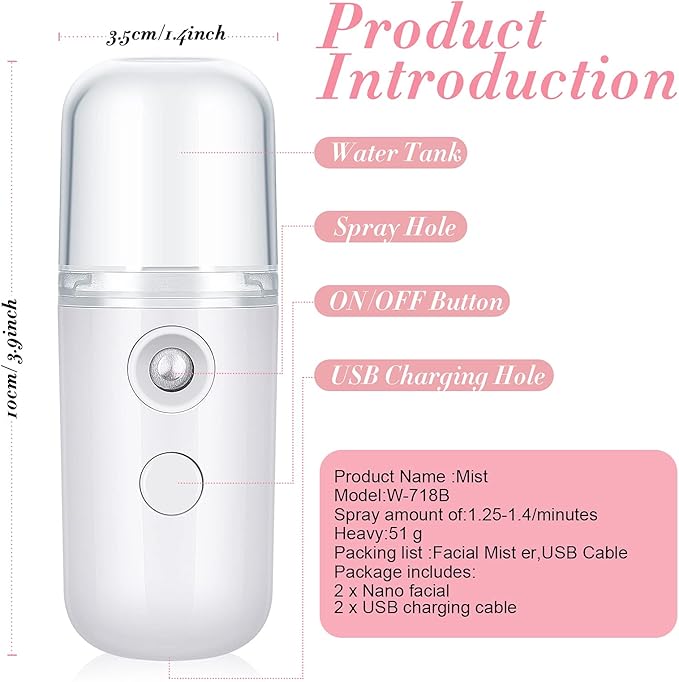 Honoson 2 Pieces Nano Facial Mister 30 ml Mini Face Humidifier Portable Facial Sprayer USB Rechargeable Handy Skin Care Machine for Face Hydrating, Daily Makeup (Black and White)