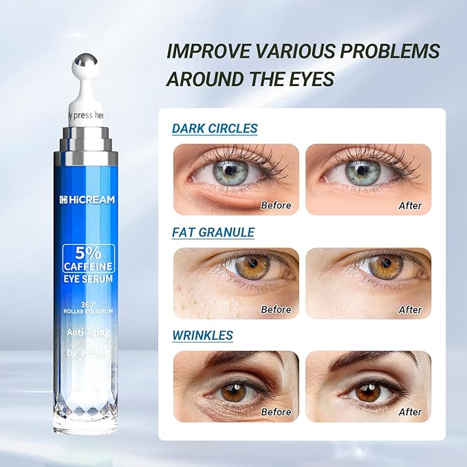 Eye Cream with 5% Caffeine Hyaluronic Acid for Puffy, Fine Lines, Dark Circles and Wrinkles, Under Eye Serum with 360° Roller Massage Ball, Eyelids Skin Care for Women & Men, 0.5 fl. oz