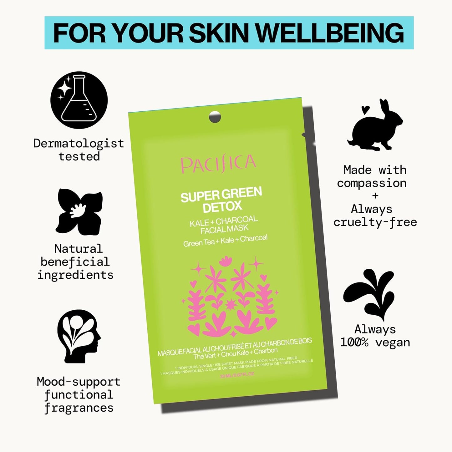 Pacifica Super Green Detox Sheet Mask – 12-PACK Charcoal, Kale & Clay Pore Cleansing Mask for Oily, Blemish-Prone Skin, Deep Detox Facial Mask, Vegan