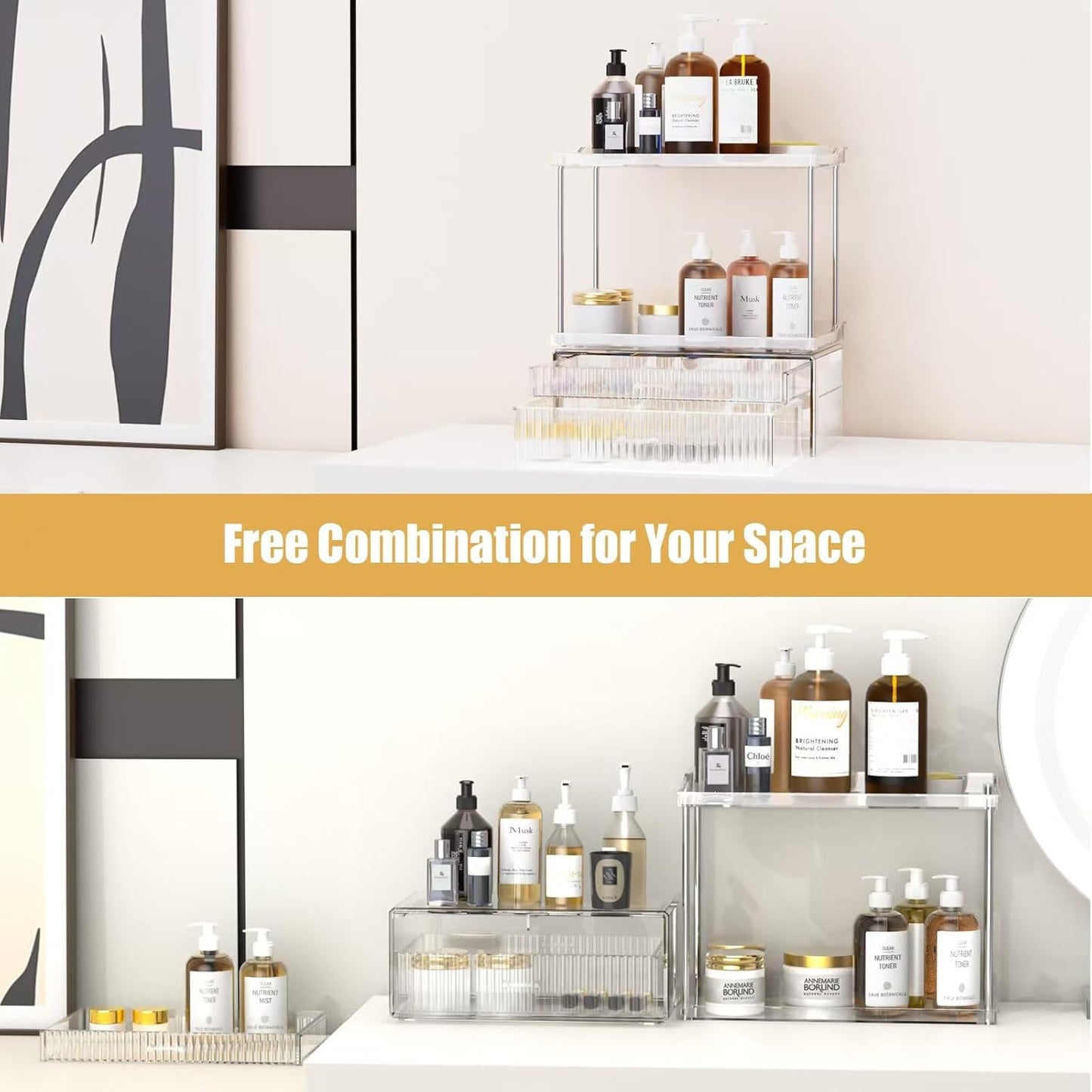 2-Tier 2-Drawer Bathroom Countertop Organizer : Large Multi-Purpose Makeup Vanity Organizer - Perfume & Skincare Storage Amber Clear