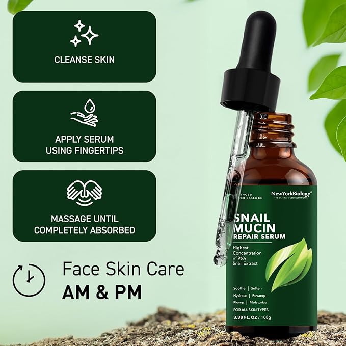 New York Biology 96% Korean Snail Mucin Serum for Face 3.38 Fl. oz 100 ml – Facial Skin Care Snail Mucin Moisturizer for Dry, Dull Skin and Wrinkles – Skin Care Hydrating Face Serum