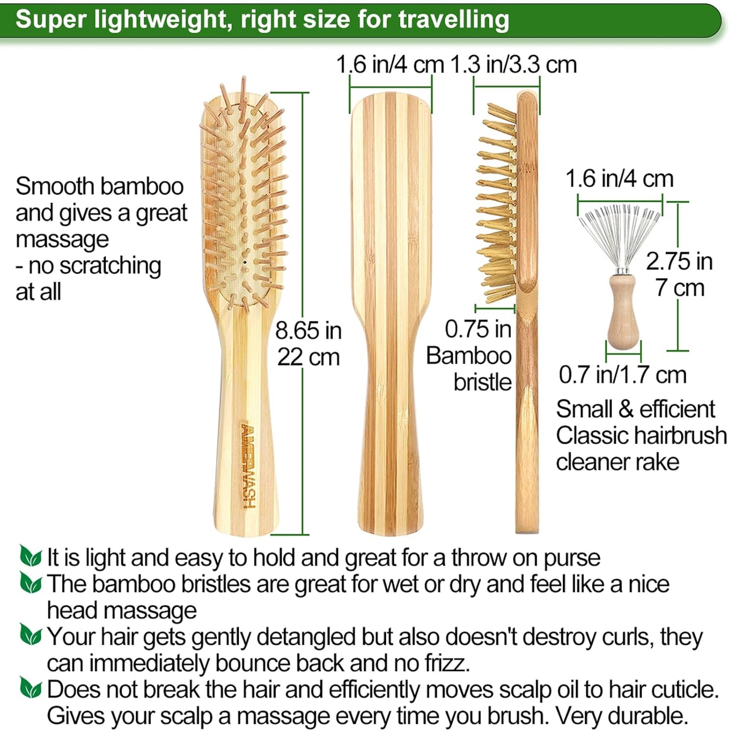 Bamboo Hair Brush with Cleaning Tool Set For Women Men, Bamboo Bristle Wood Paddle Detangling Brush Helps Hair Growth, Enhance Shine & Health, Massaging Scalp