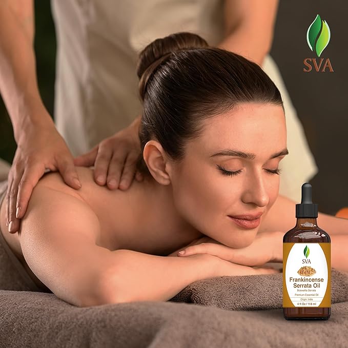 SVA Frankincense Essential Oil – 4 Fl Oz – 100% Natural Boswellia Serrata Oil - for Diffuser, Hair Care, Face, Skin Care, Aromatherapy, Scalp and Body Massage, Soap and Candle Making – with Dropper