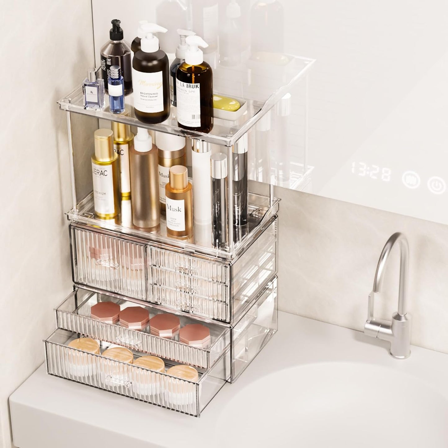Acina Bathroom Countertop Organizers and Storage: 2-Tier 6-Drawer Makeup Organizer Countertop, Easy to Install, Ideal for Bathroom Storage, Vanity, Perfume, Large Skincare Items, Present, Clear