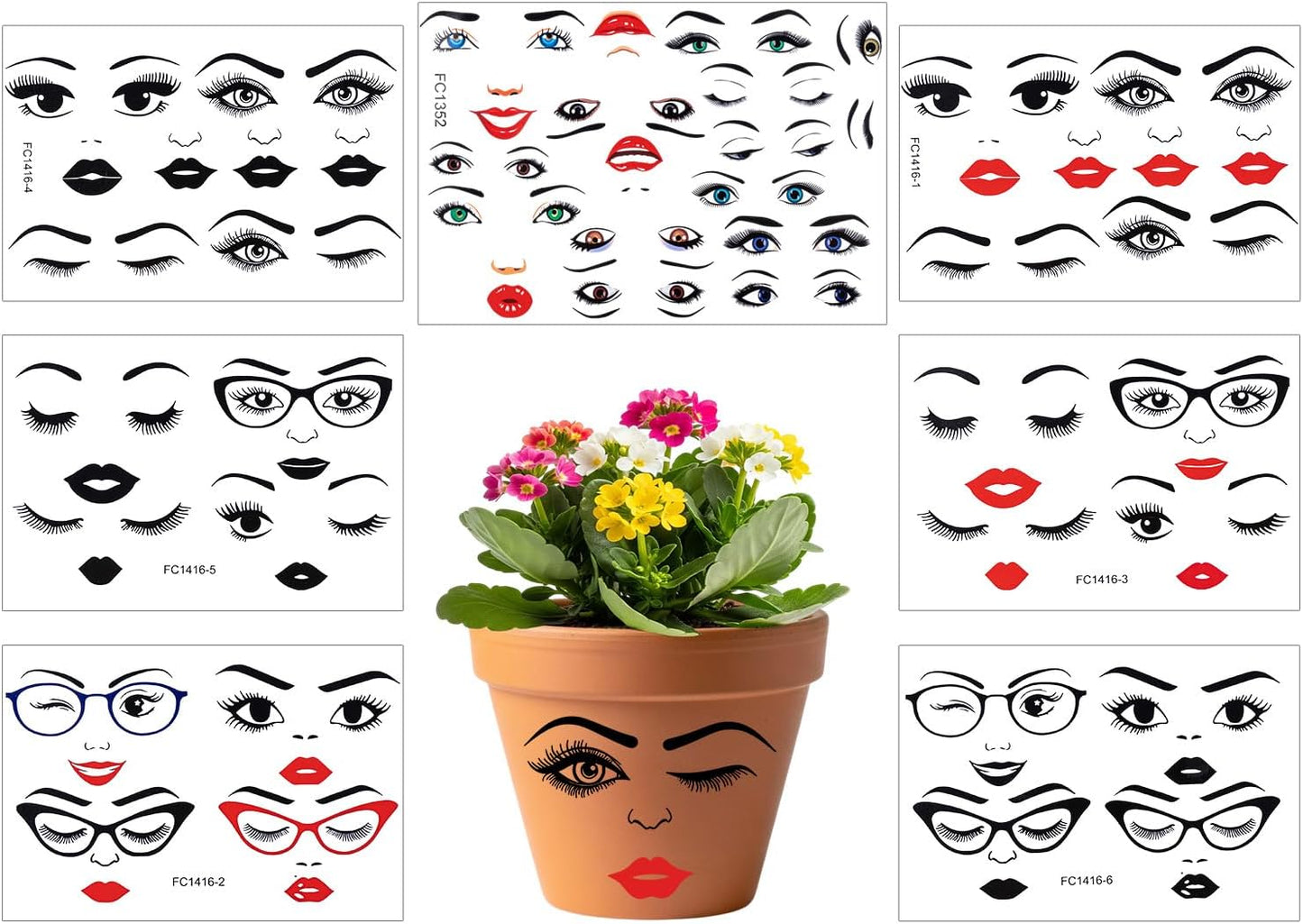7 Sheets Face Stickers for Crafts, Make a Face Stickers Funny Mouth Eyes Lips Nose Eyebrows Facial Decals for Flower Pots DIY Crafts Holiday Party Supplies