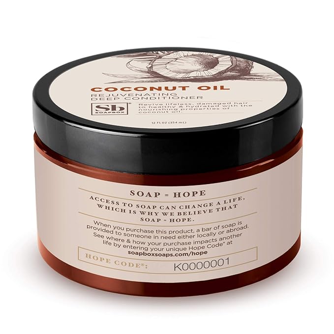 Soapbox Deep Conditioner, Hydrating & Rejuvenating Coconut Oil Treatment for Natural, Curly, Dry or Damaged Hair, Vegan Conditioner Harsh Sulfate, Paraben & Cruelty & Silicone Free, 12 Fl Oz