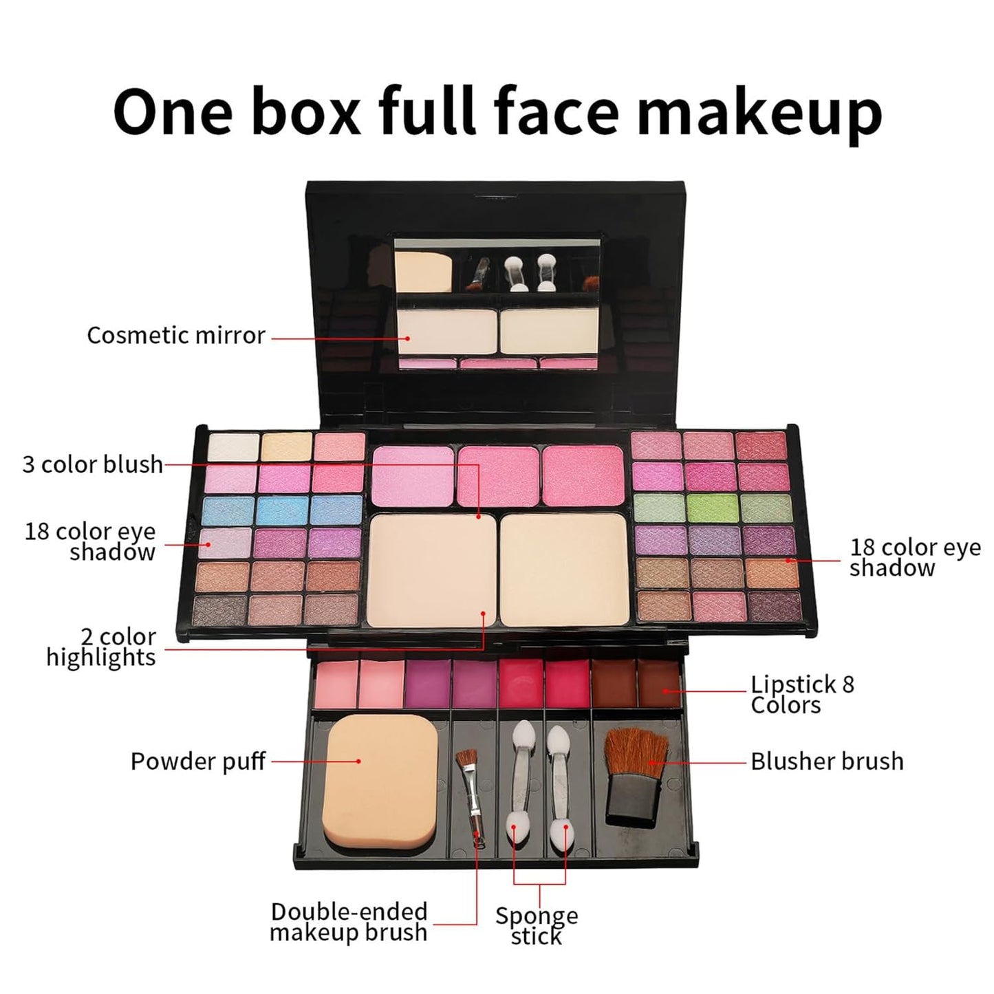 VolksRose Multi Functional Makeup Palette Set:36 Eyeshadow+3 Gradient Blushes+Lipsticks 8 Colors,Complete Tools (Powder Puff+Dual-Ended Brush+Sponge Sticks*2+Blush Brush+Mirror),Portable Present Case
