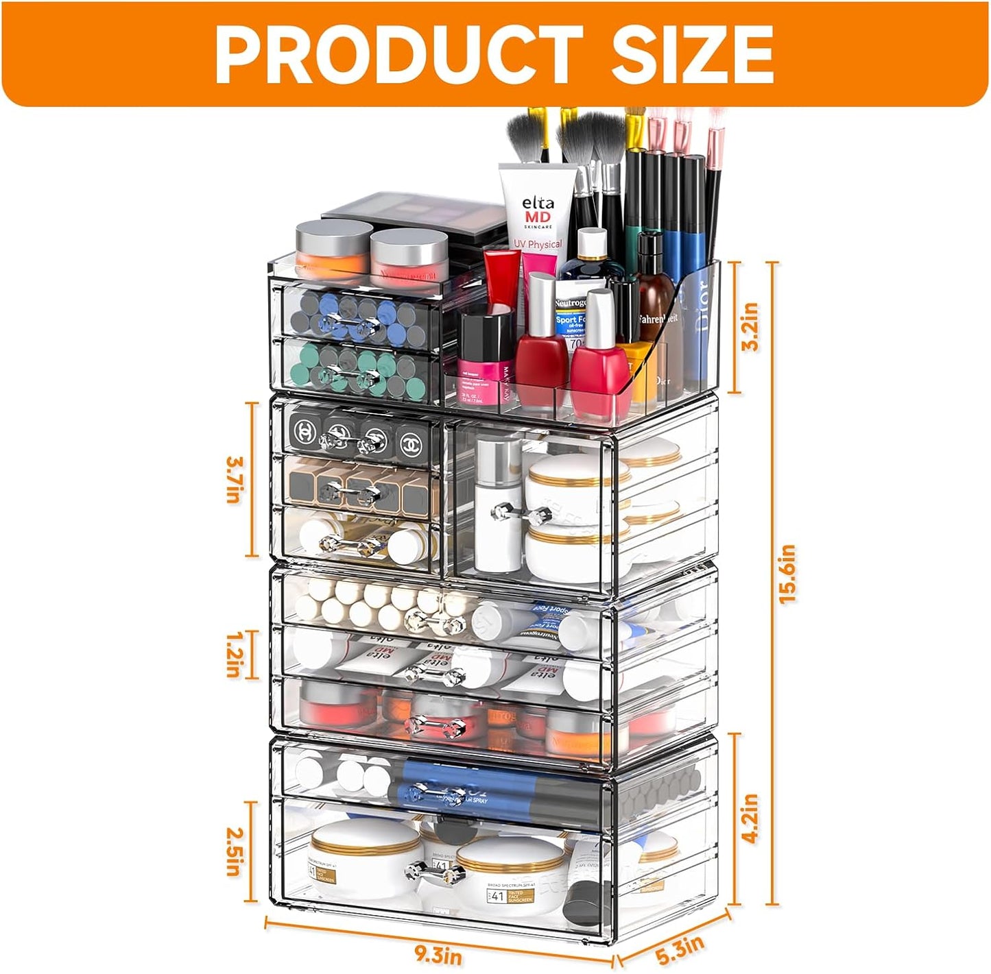 Acrylic Clear Makeup Organizer Countertop,Stackable Skincare Organizer for Vanity With 11 Drawer,Large Plastic Desk Accessories Organization,Bathroom Cosmetic Organizer Countertop for Beauty,Skin Care