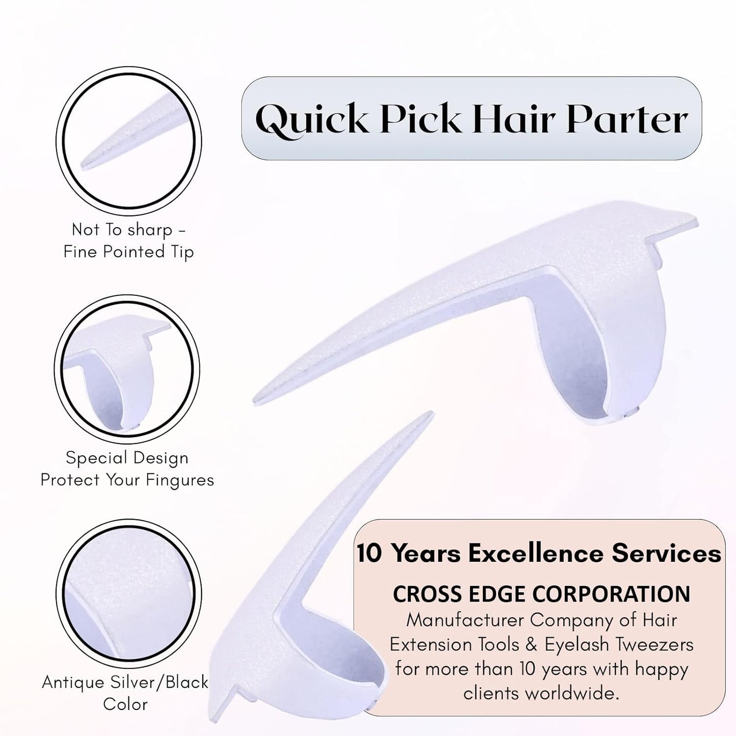 Quick Braid Aid Finger Parting Tool - Stainless Steel Stitch Braiding Tools for Durable Dreadlocks Wig & Installation of Weave Human Hair Extensions Beader Hair Parter Tools (White Glitter)