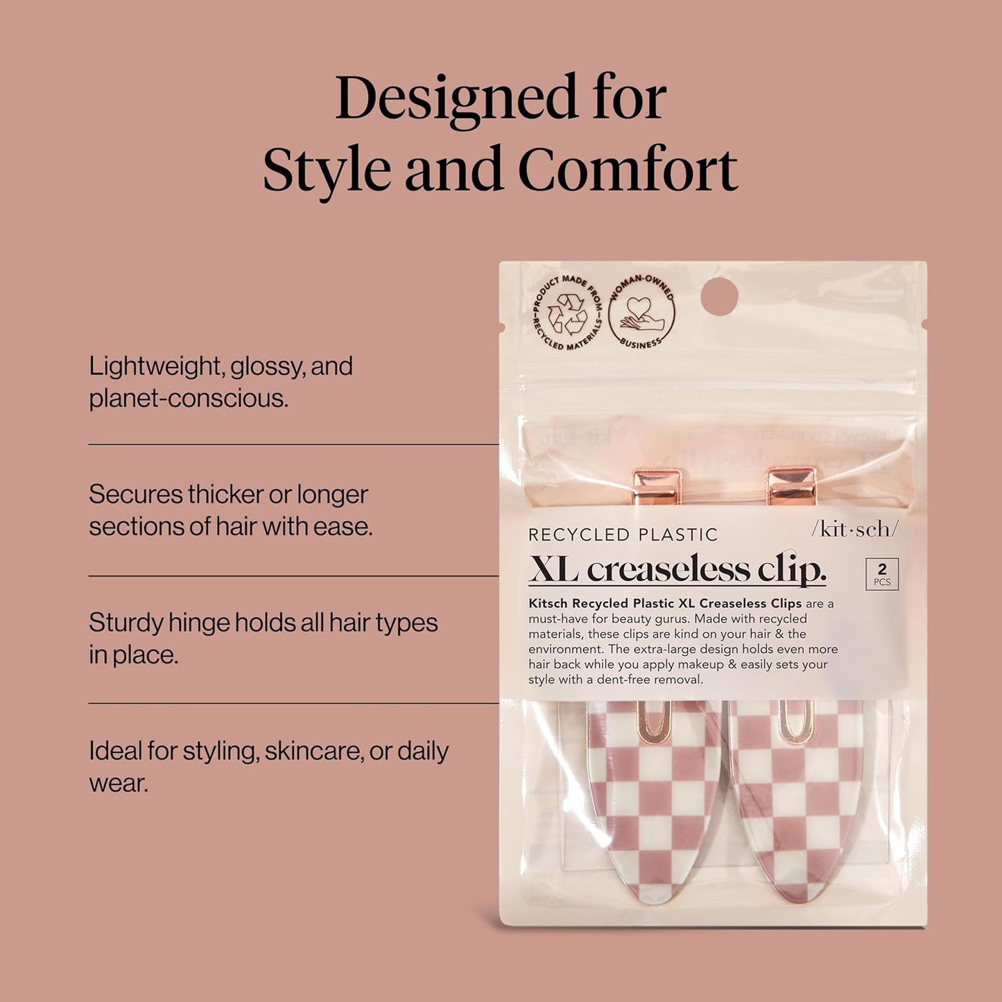 Kitsch Creaseless Hair Clips for Women - No Crease, No Bend Hair Clips for Styling, Bangs, Makeup Application, Face Wash | Recycled Acrylic - Checkered Terracotta | Ideal Gifts for Women, 2pcs