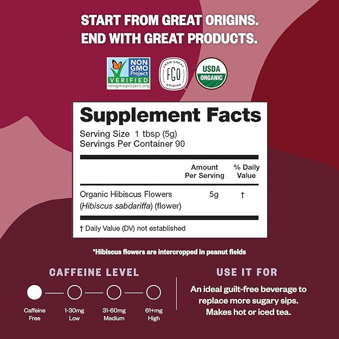 FGO Organic Hibiscus Flowers, Cut and Sifted, 16oz Bulk Resealable Bag, Packaging May Vary (Pack of 1)