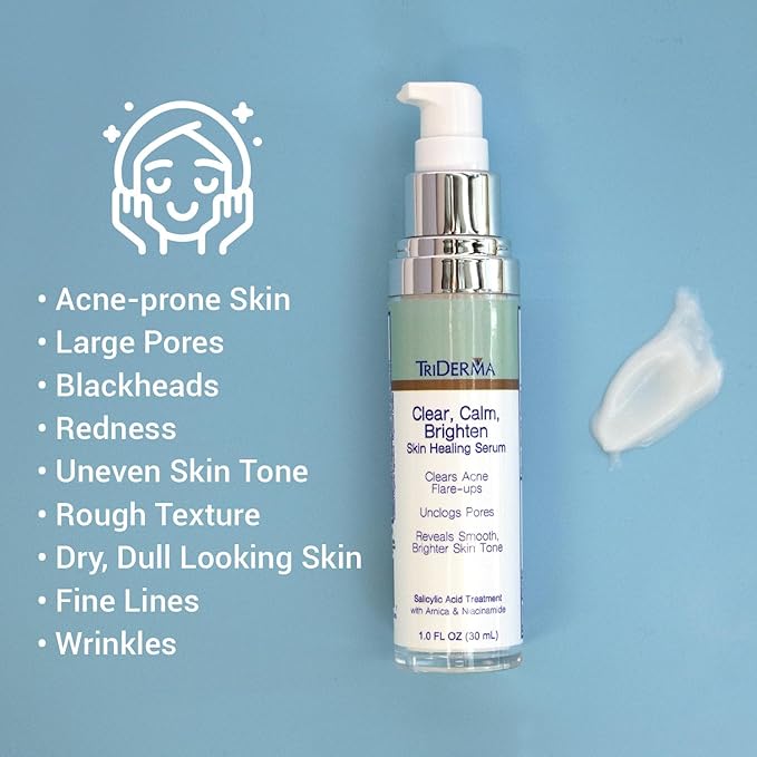 TriDerma Clear, Calm, Brighten Skin Serum with 2% Salicylic Acid and Niacinamide Reveals Smoother, Brighter, More Even Skin, Clears Acne Blemishes, Blackheads and Unclogs Pores, 1 oz