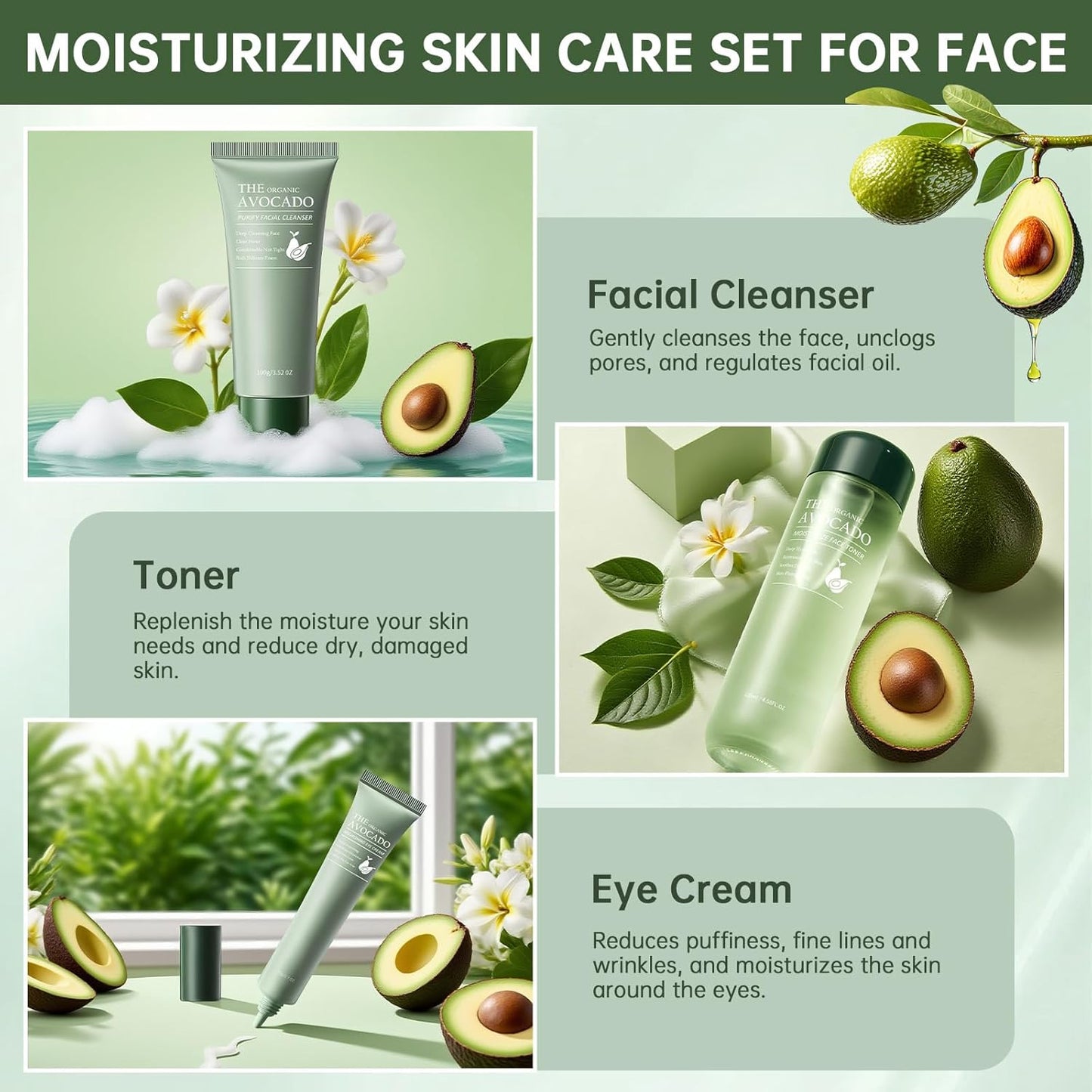 Avocado Skin Care Set, Skincare Gifts Kits For Hydrating Skin, Anti Aging Facial Kit For Women With Facial Cleanser, Toner, Face Serum, Lotion, Face Cream, Eye Cream. (6 Pieces)