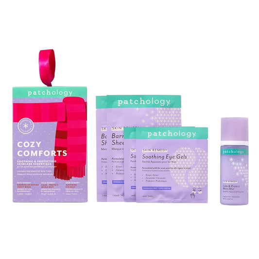 Patchology Cozy Comforts Holiday Skincare Gift Set - Soothing Under Eye Patches, Barrier-Boosting Hydrating Sheet Masks & Calming Mist - Winter Skincare Kit for Glowing Skin (Limited Edition)