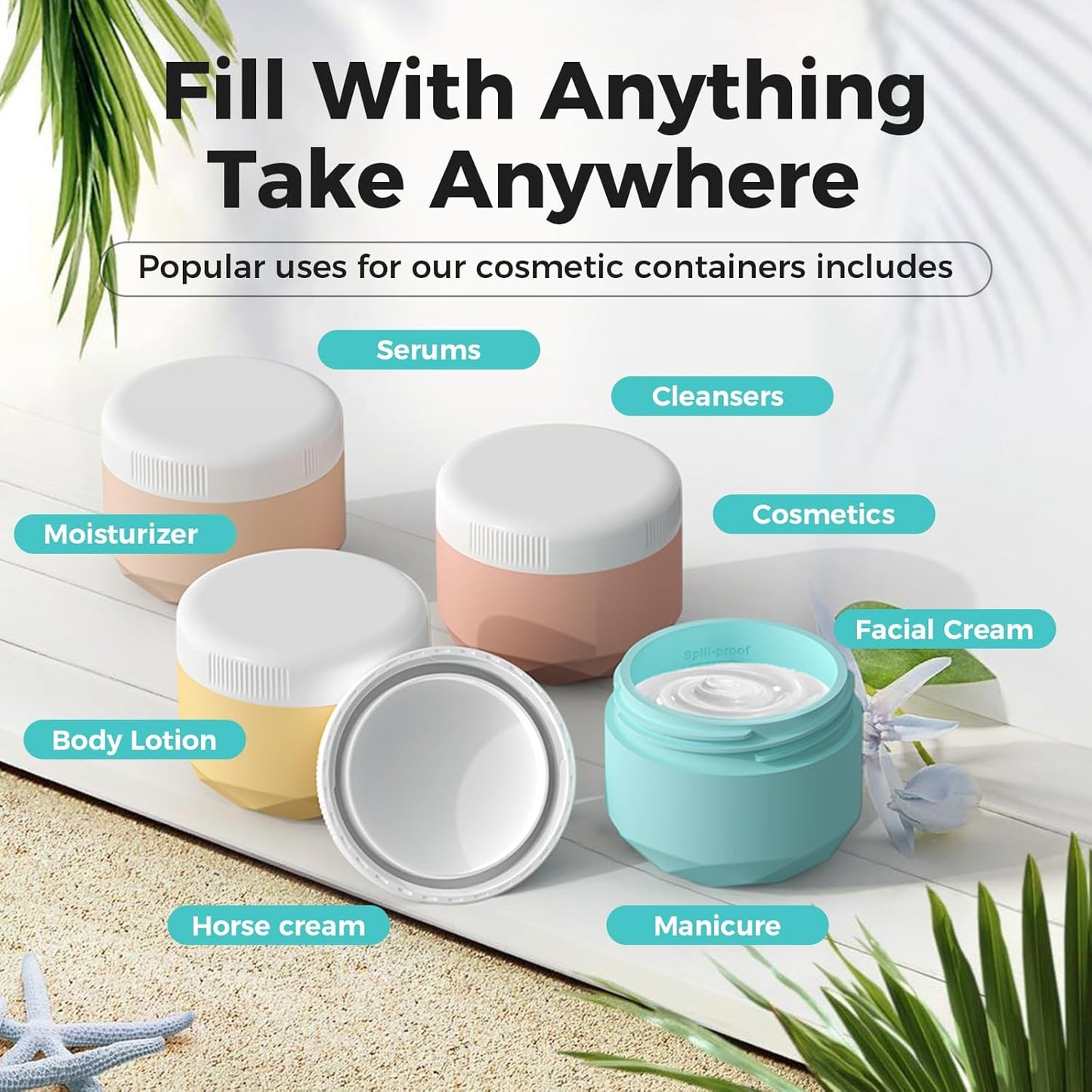 Travel Containers for Toiletries, 4-Pack TSA Approved Silicone Jars (2.5oz) - BPA Free Leakproof Cosmetic Containers for Creams, Lotion, Skincare & Makeup with Bonus Waterproof Bag