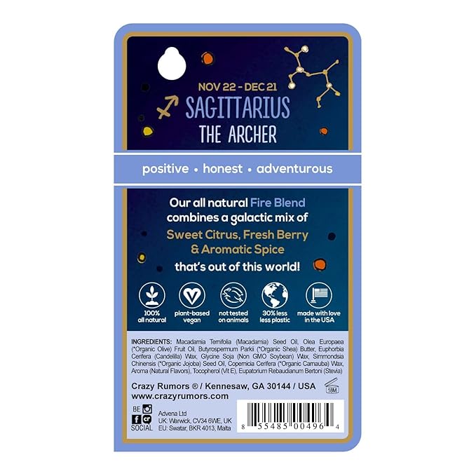 Crazy Rumors Sagittarius Zodiac All Natural, Plant Based Lip Balm to Moisturize and Nourish your Lips - Fire Blend (Sweet Orange, Fresh Berry, Aromatic Spice)