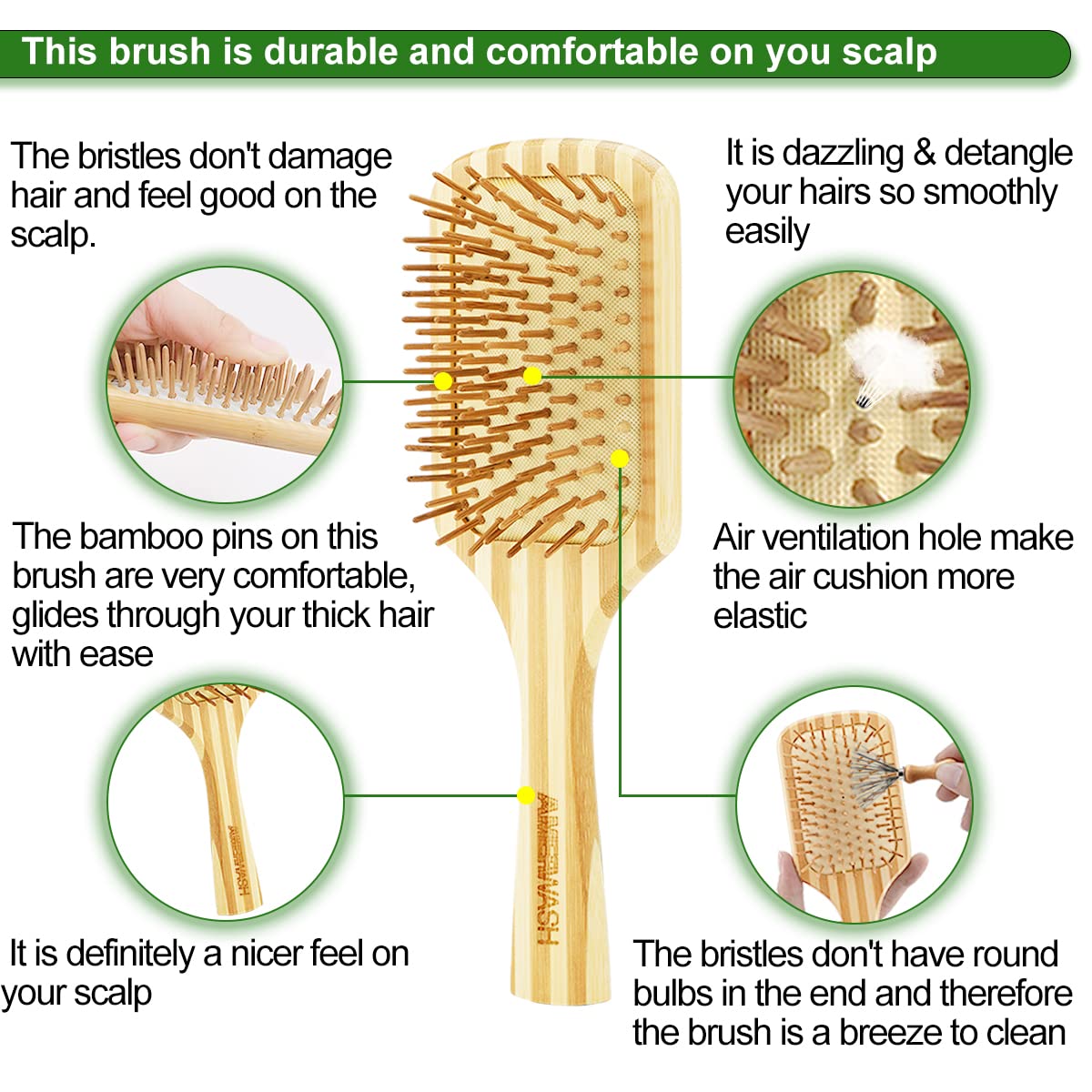 Bamboo Hair Brush with Cleaner Tool, Large Paddle Wooden Detangling Brush Perfect for Women Men Thick Curly Hair, Bamboo Bristles Help Hair Growth, Enhance Shine & Health, Massaging Scalp
