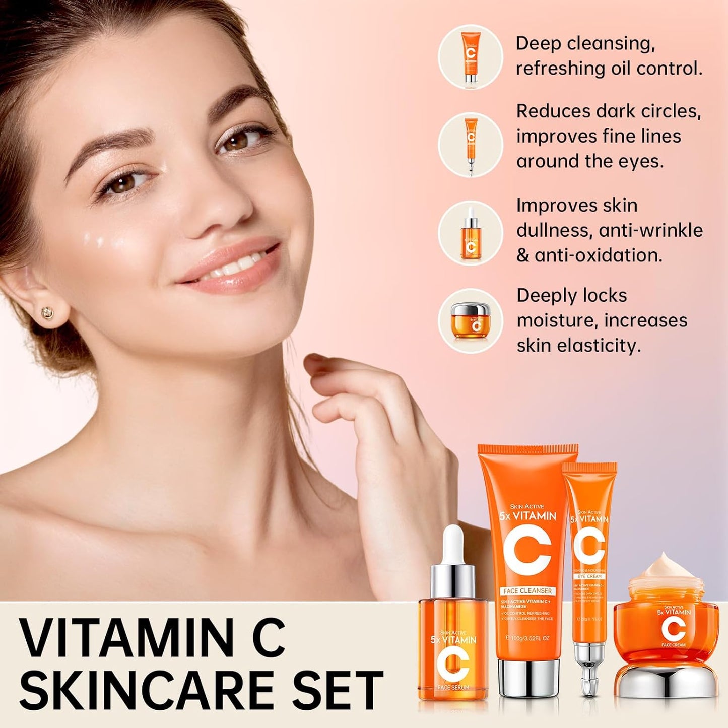 Vitamin C Skin Care Set - 4PCS Travel Skin Care Set With Facial Cleanser, Eye Cream, Serum & Face Cream - Korean Facial Skincare Set for Teen Girls and Women for Moisturizing, Anti-Aging, Anti-Wrinkle