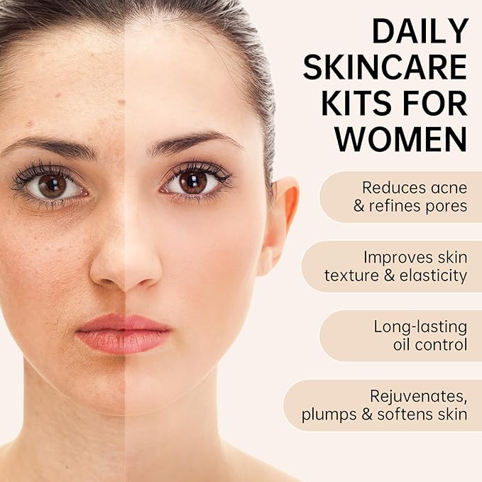 Collagen Skin Care Set, Anti Aging Skincare Set for Reduce Wrinkles, Shrink Pores, Smooth Fine Lines, Hydrating, 4 Pcs Travel Skincare Kits for Women with Cleanser, Serum, Cream, Eye Cream.