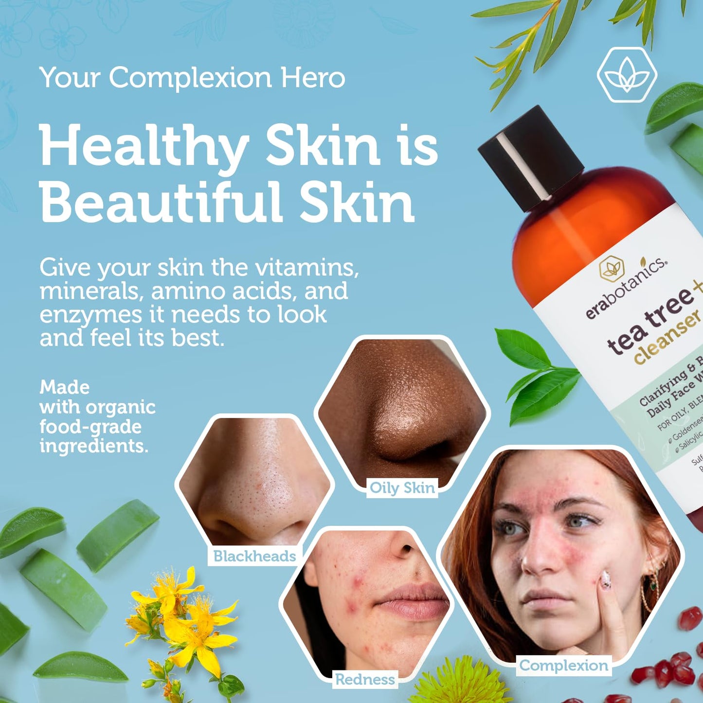 Era Organics Purifying Tea Tree Oil Face Wash - Balancing Cleanser for Oily, Blemish-Prone Skin with Salicylic Acid - Sulfate-Free, Fragrance Free, Made in USA