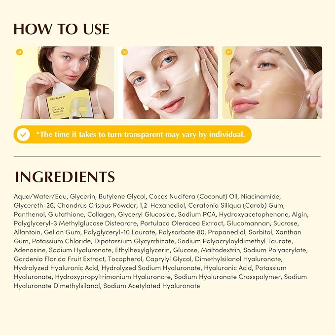 Collagen Glow Up Mask - Niacinamide & Low Molecular Collagen for Brightening and Radiance Boosting | Korean Collagen Face Mask for Glass Skin, 4 Sheets, 1.01 OZ.
