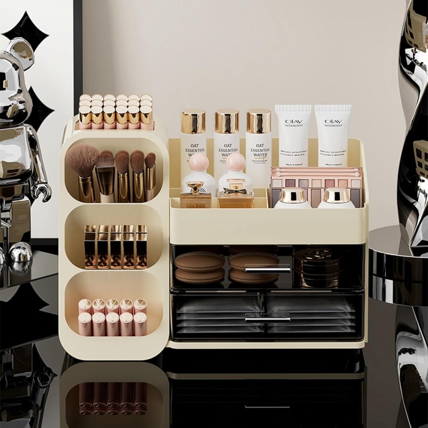 Makeup Organizer with Drawers,Large Capacity Countertop Organizer for Vanity,Bathroom and Bedroom Desk Cosmetics Organizer,Easy To Storage Skincare,Brushes, Eyeshadow, Lotions, Lipstick (Cream)