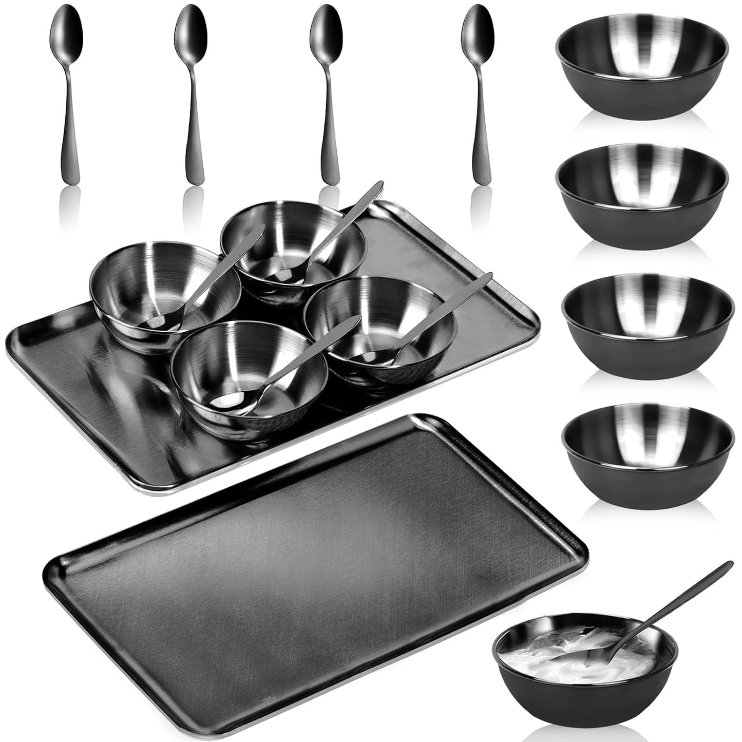 9 PCS Black Esthetician Supplies 4 Black Facial Bowls Esthetician 4 Facial Mixing Spoons Facial Mask Mixing Bowl Large Stainless Steel Skincare Tray Esthetician Spoons for Skin Care Face Mask