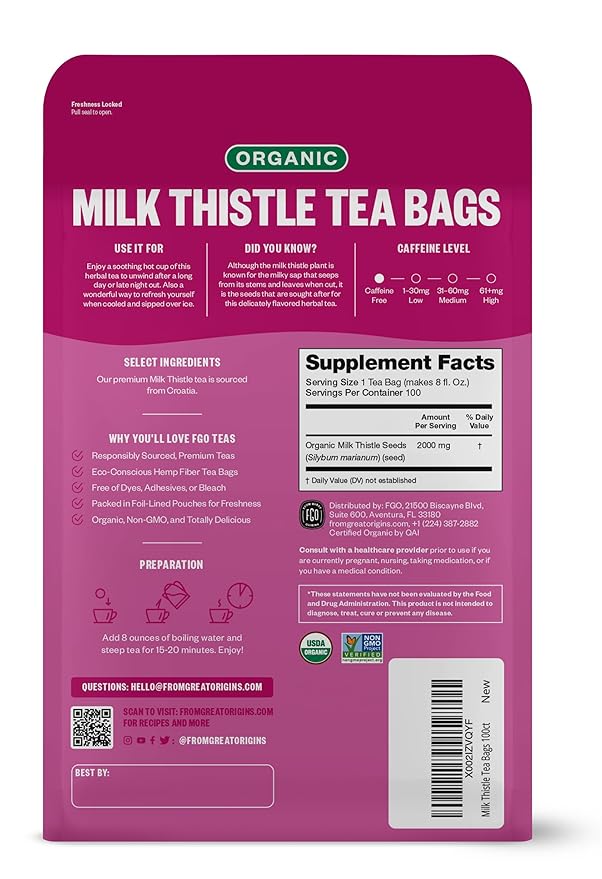 FGO Organic Milk Thistle Tea, 100 Count, Eco-Conscious Herbal Tea Bags, Resealable Bag, Caffeine Free, Packaging May Vary (Pack of 1)