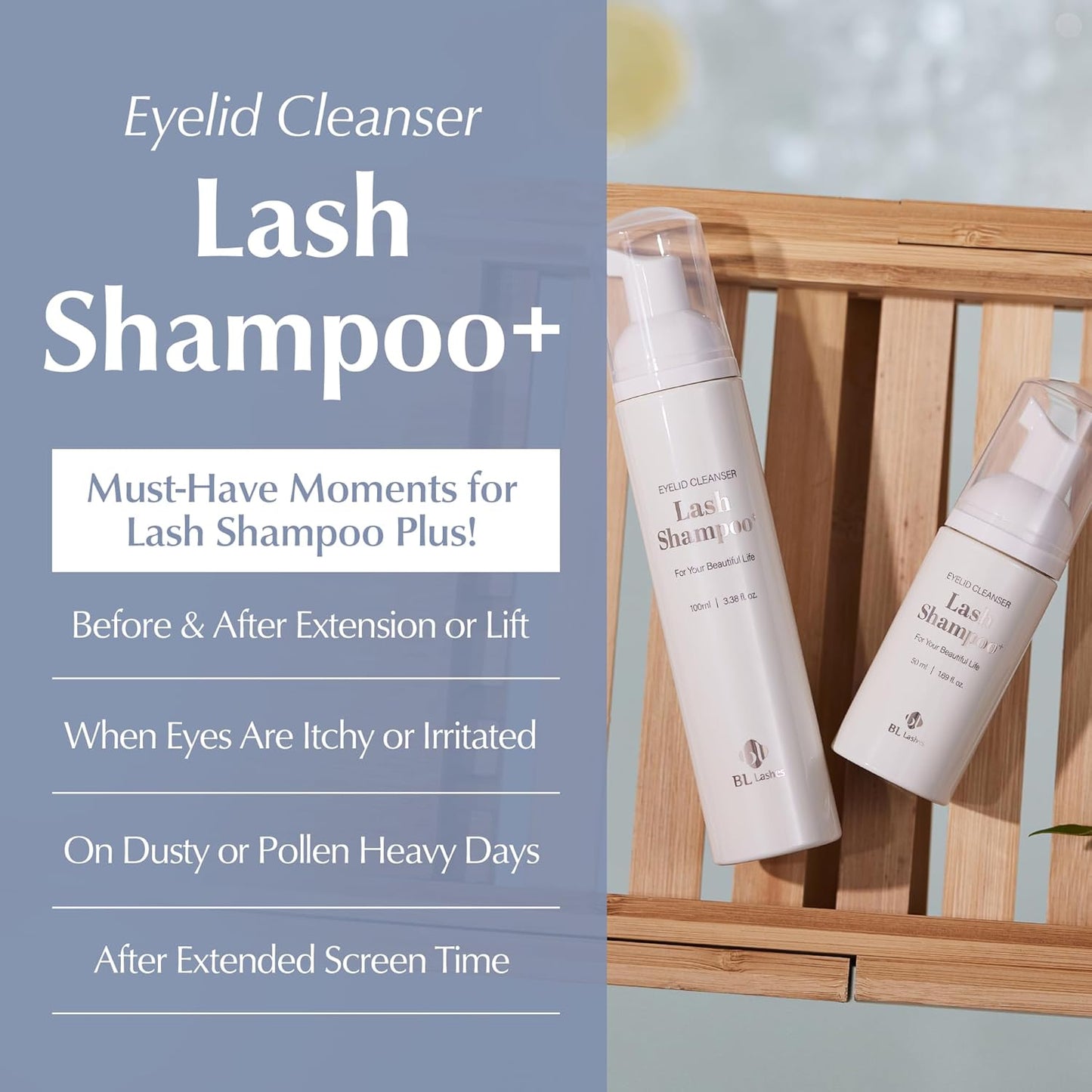BL Lashes Eyelash Shampoo+ Brush, Eyelid Foaming Cleanser for Natural and Extension Lashes, Gentle Lash Bath and Makeup Remover for Salon and Home (50ml)