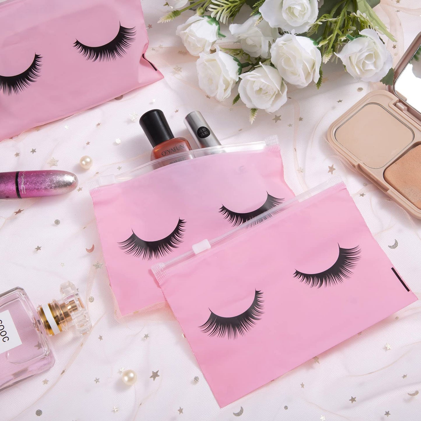 Noverlife 100PCS Eyelash Bags, Eyelash Aftercare Bags, Cosmetic Bags Packaging with Small Zipper, Empty Lash Makeup Storage Bags Pouches Women Travel Pouch Cases, 6" x 4" / 15 x 11cm