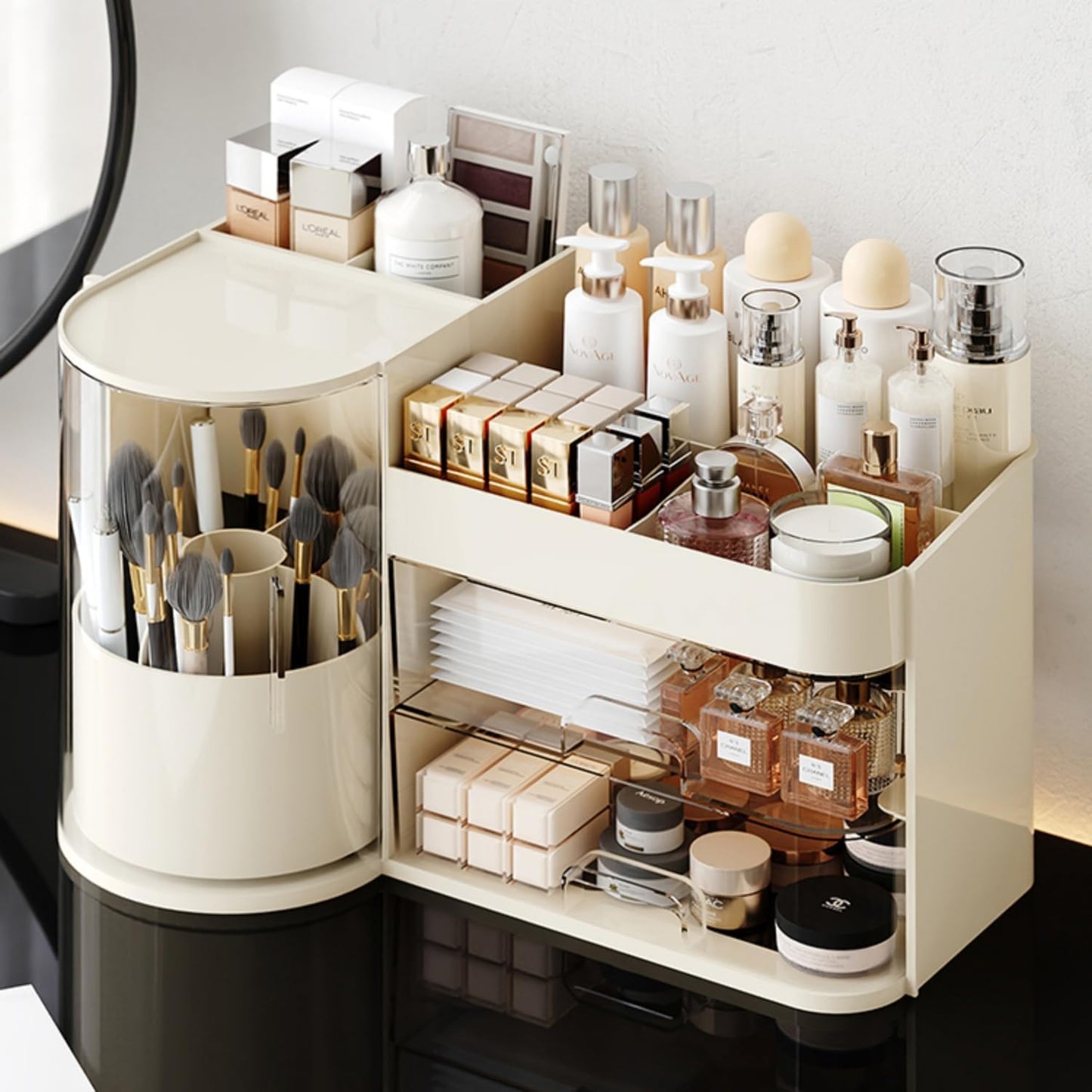 Makeup Organizer with Rotating Brush Holder Cosmetic Organizer with Drawers Countertop Skincare Organizer for Vanity,Cosmetic Display Case Storage (Cream, Large)