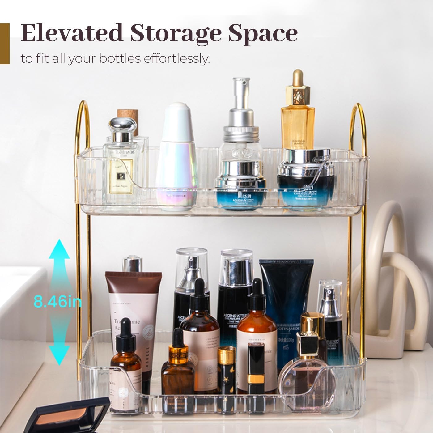 Aveniee Bathroom Counter Organizer, 2 Tier Perfume Skin Care Countertop Storage Shelf, Vanity Makeup Tray for Cosmetic Skincare Lotion,Clear