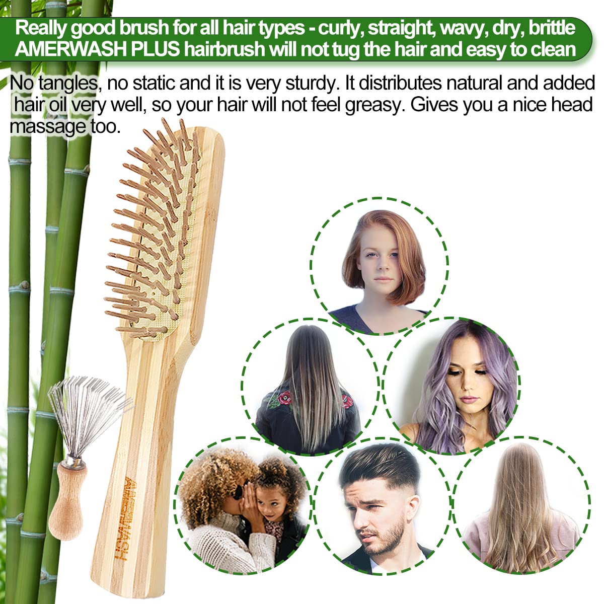 Bamboo Hair Brush with Cleaning Tool Set For Women Men, Bamboo Bristle Wood Paddle Detangling Brush Helps Hair Growth, Enhance Shine & Health, Massaging Scalp