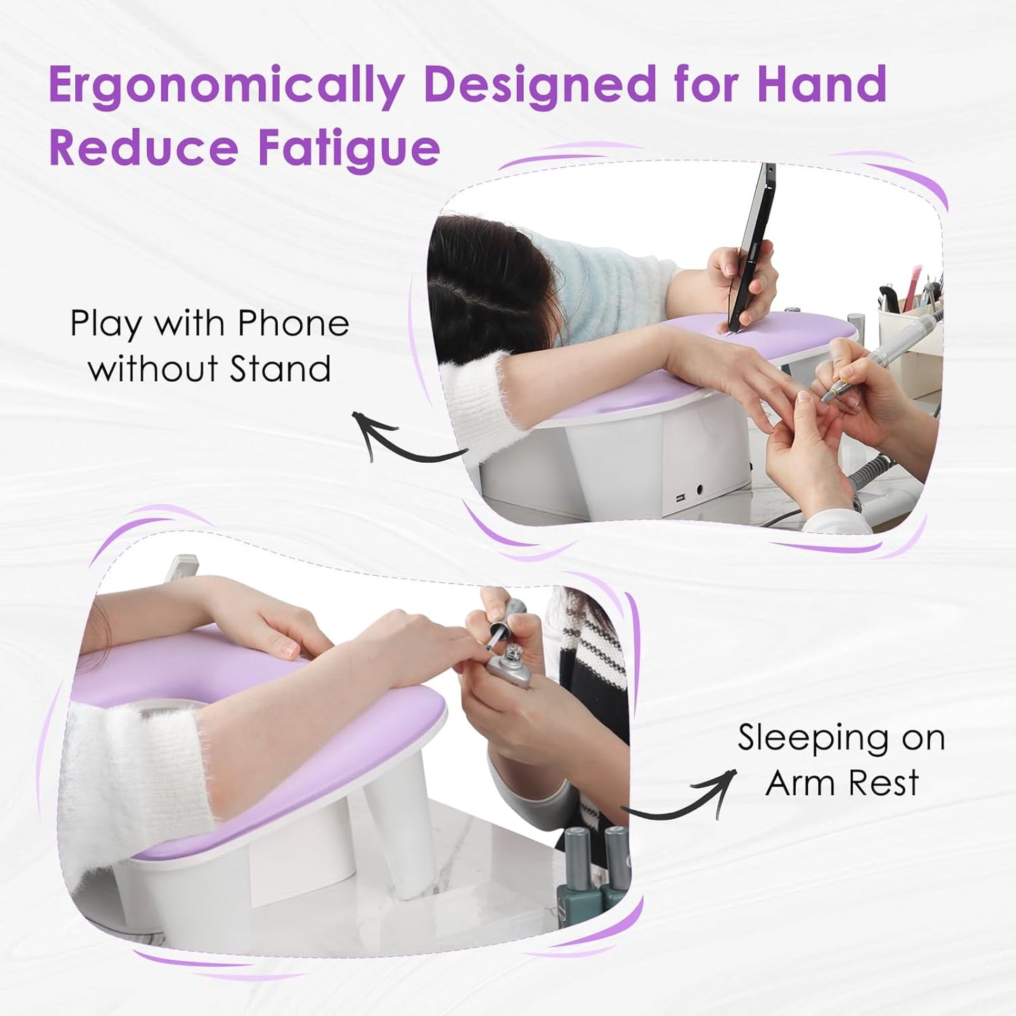 LIONVISON Arm Rest for Nails Tech, U Shaped Manicure Nail Arm Rest Pillow Cushion, PU Leather Nail Hand Rest Stand for Acrylic Nail Art Tech, Purple