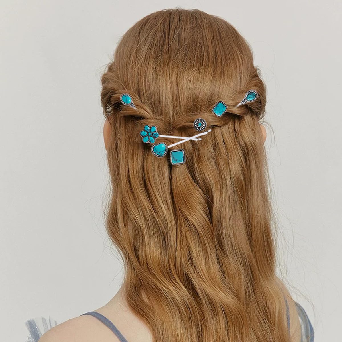 7 PCS Turquoise Retro Decorative Bobby Pins Silver Metal Hair Clips Vintage Alloy Hair Pins for Women Girls Headwear Styling Tools Barrettes Hair Accessories
