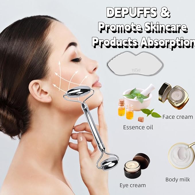 Face Roller & Gua Sha Tool, Stainless Steel Facial Roller and Guasha Tools Skin Care Roller for Wrinkles and Lifting, Improve Puffiness, Metal Face Massager for Eyes, Neck Tighten（2 Pack