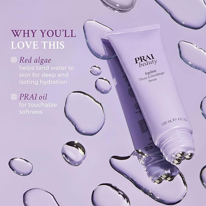 PRAI Beauty Ageless Throat & Decolletage Serum for Instantly Ageless Neck | Neck Firming and Tightening Serum | Anti-Aging Serum that Shields Skin from Damage and Improves Skin Tone + Colour | 4 Oz