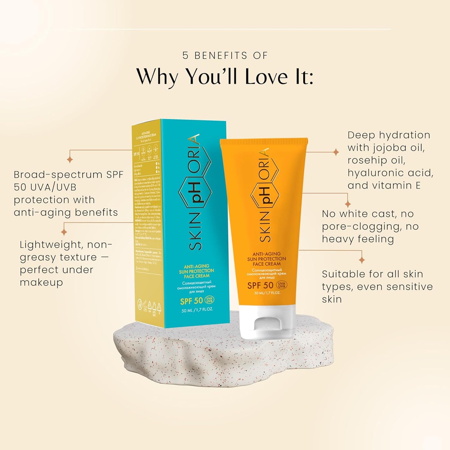 Anti-Aging Sun Protection Cream SPF 50 – Broad Spectrum Daily Face Cream for All Skin Types – Helps Protect Skin and Support a Youthful Glow – With Jojoba & Rosehip Oils – 50ml