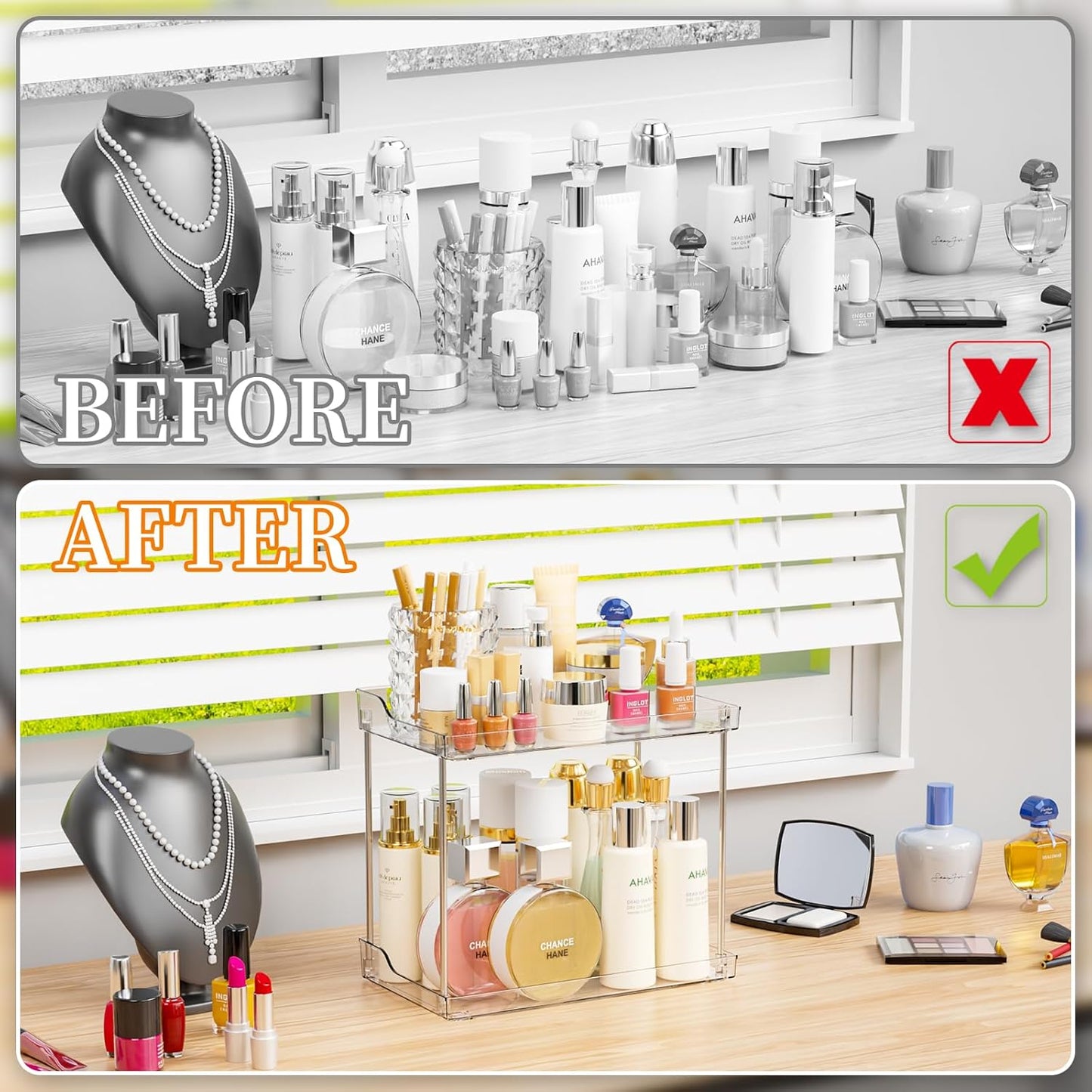 Yieach 2 Tier Bathroom Counter Organizer,Tiered Bathroom Organizer for Makeup,Perfume,Beauty Products,Skincare Organizers Shelf,Vanity Storage Tray for Bedroom,Spice Racks for Kitchen Corner,Rectangle